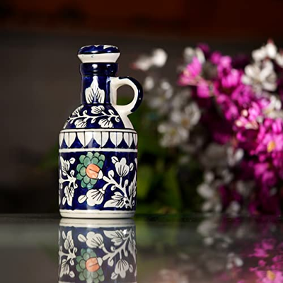 Ceramic Blue Floral Art 500 ML Oil Dispenser for Kitchen, Oil Bottle, Oil Sprayer, Vinegar Bottle for Kitchen Storage/ 100% Food & Microwave Safe| 1 Piece-Blue & White